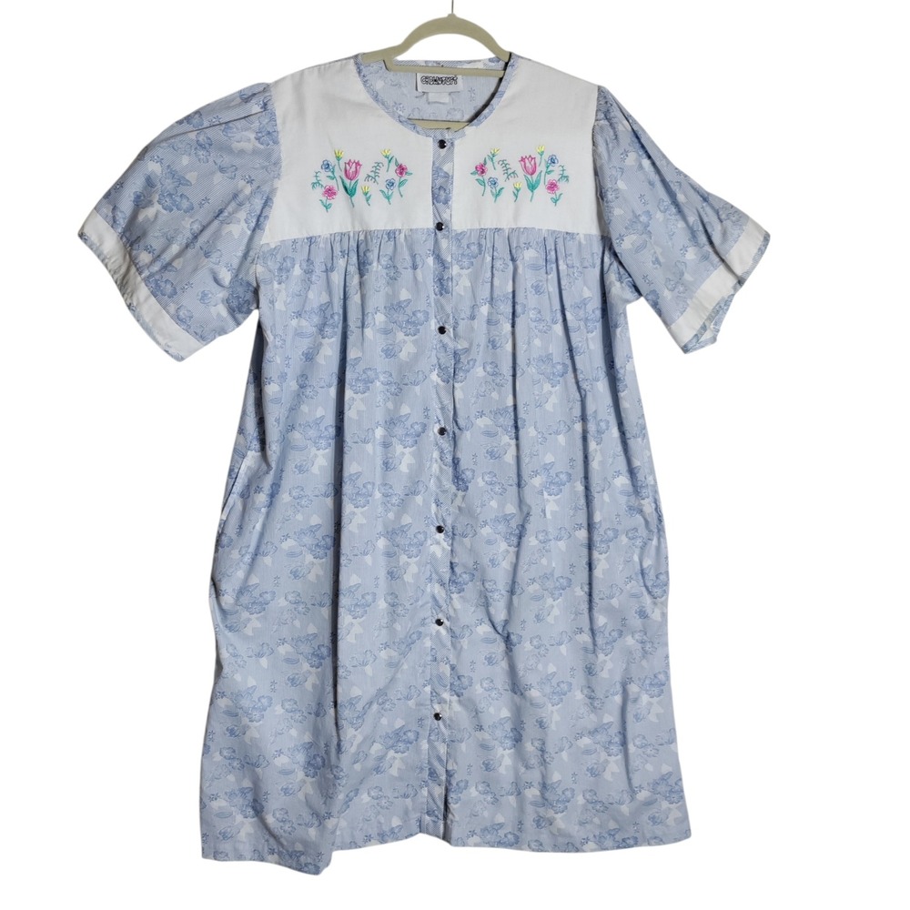 Crowntuft Blue Floral Embroidered Snap Front House‎ Dress Duster Womens L/XL